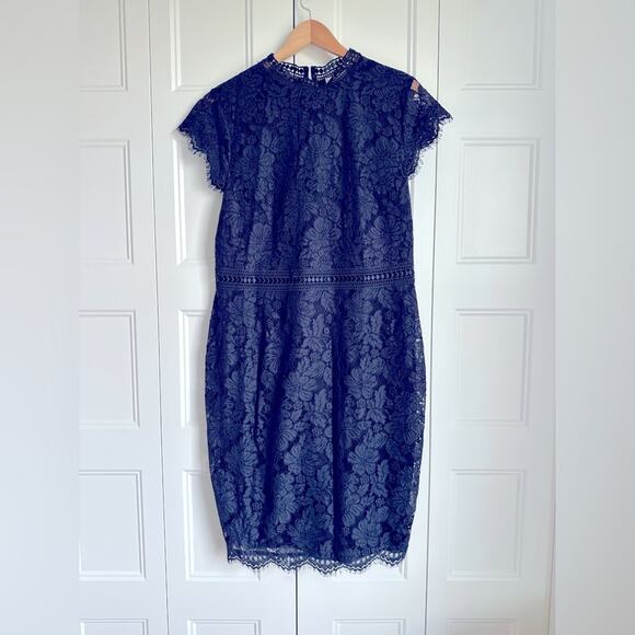 H&M Navy Lace Sheath Dress with Crew Neck and Short Sleeves Size L - Picture 2 of 8